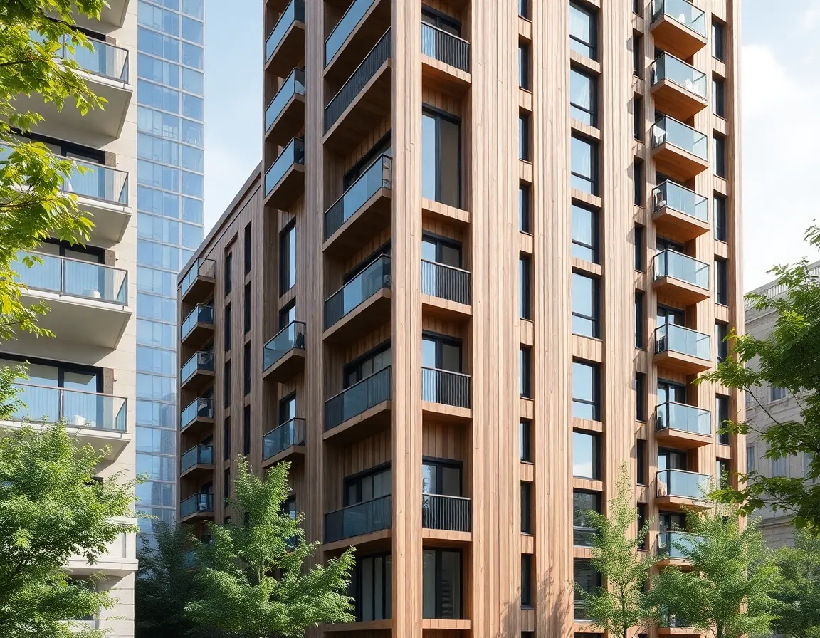 Mid-rise apartment building with exposed cross-laminated timber facade