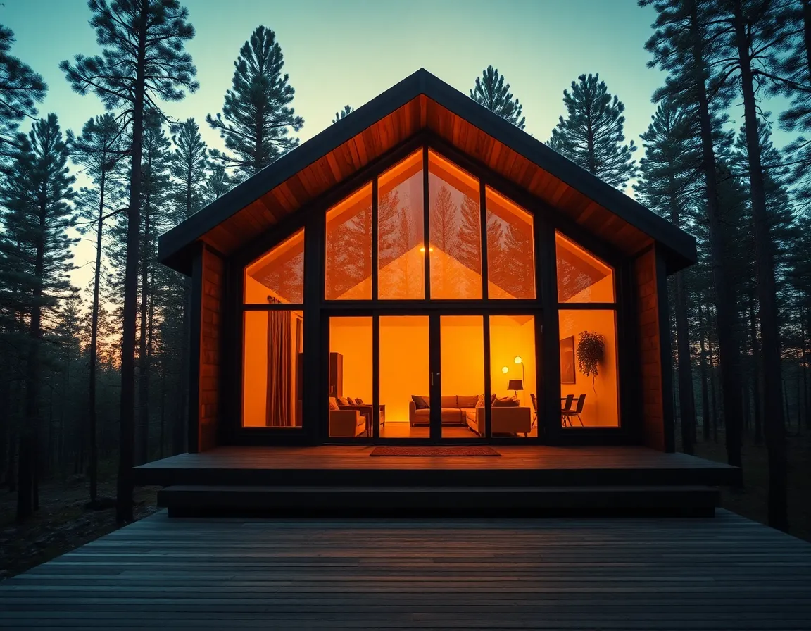 Small modern cabin in a forest clearing at dusk with warm interior glow