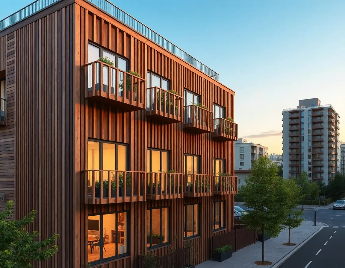 Modern multi-storey residential timber building with vertical wood slats